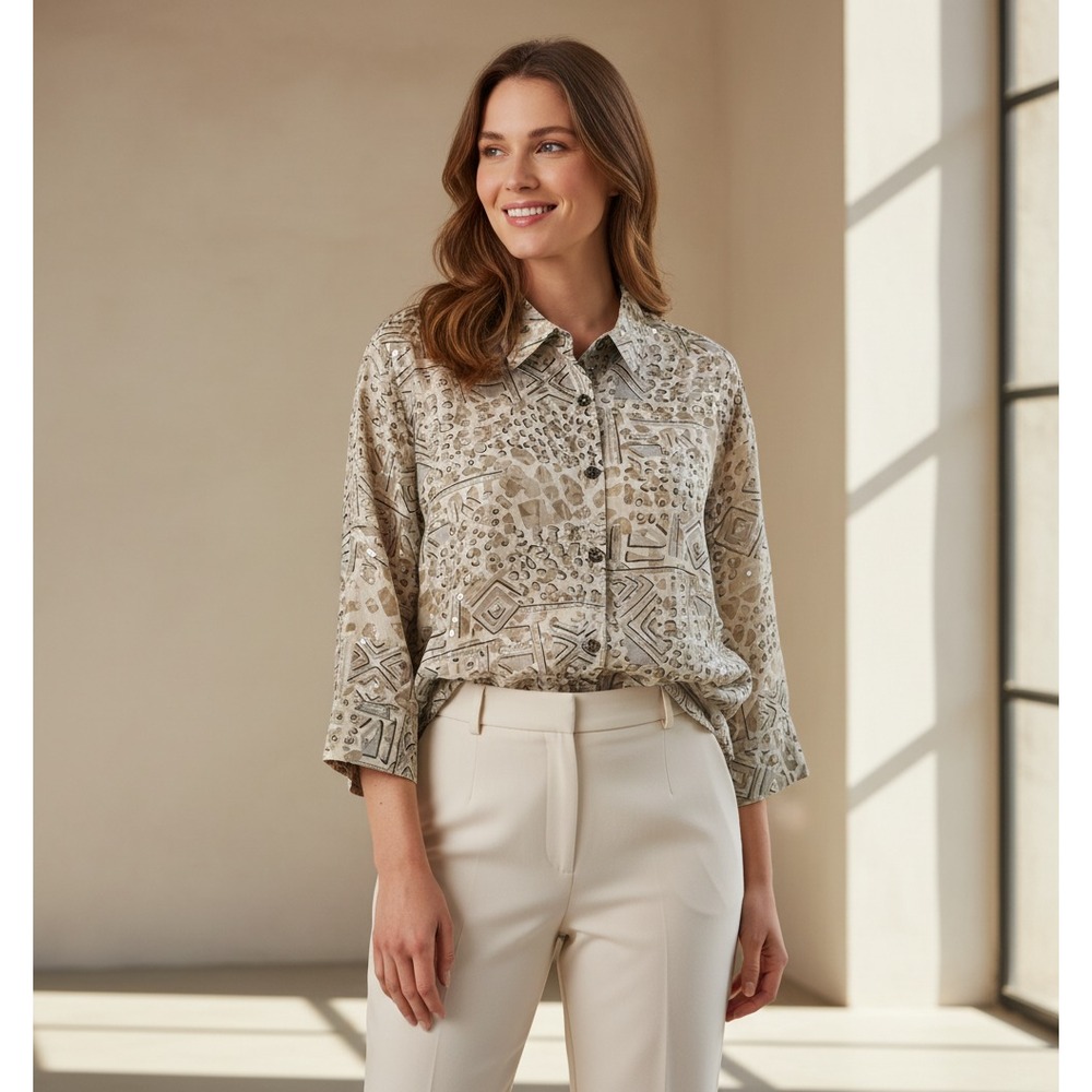 IOS Top Size M L Beige Gray Burnout Button Sheer Linen Womens Office Neutral